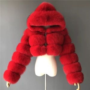 Red faux fur bomber jacket